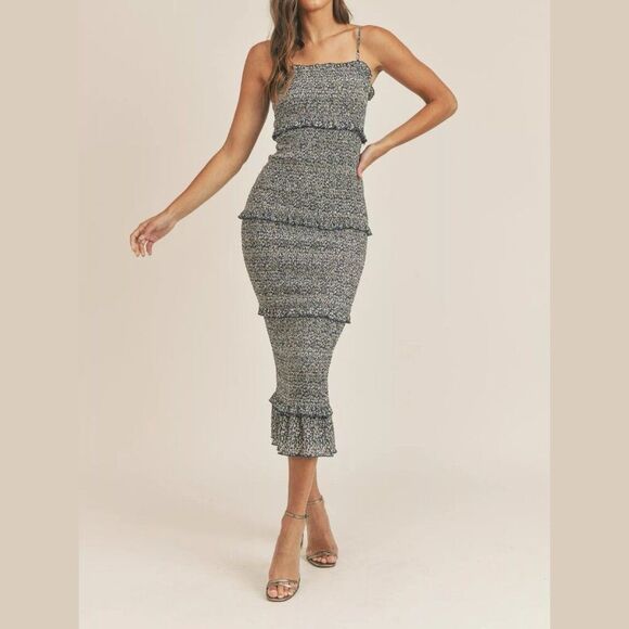 Mable Smocked Long Ruffle Sleeveless Dress Blue Floral Midi Size S - Picture 1 of 6